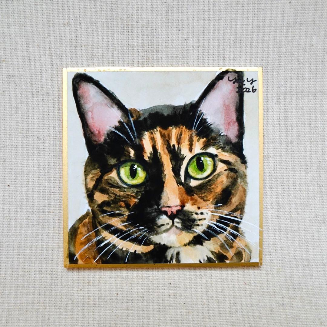 猫の絵 401水彩画 原画 ミニ色紙 豆色紙 サビ猫