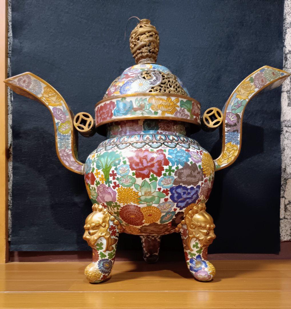 香炉　七宝焼き　倣古　置物　中国　大きい　アンティーク　工芸品　インテリア