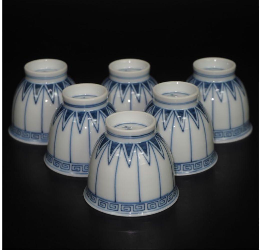 送料無料　京焼　平安和峰造　総手描き青華煎茶碗6客　未使用　煎茶道具