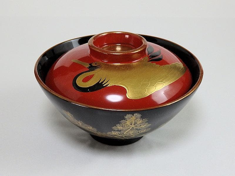 磁器　京焼　古伊万里　金襴手　若松に飛鶴の図　蓋茶碗　E124AS-CFx