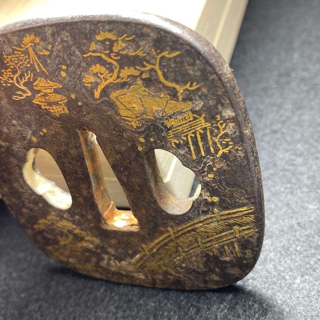 時代金象嵌刀鍔　木箱付　153g 東Y7-0220☆2Fトヒト