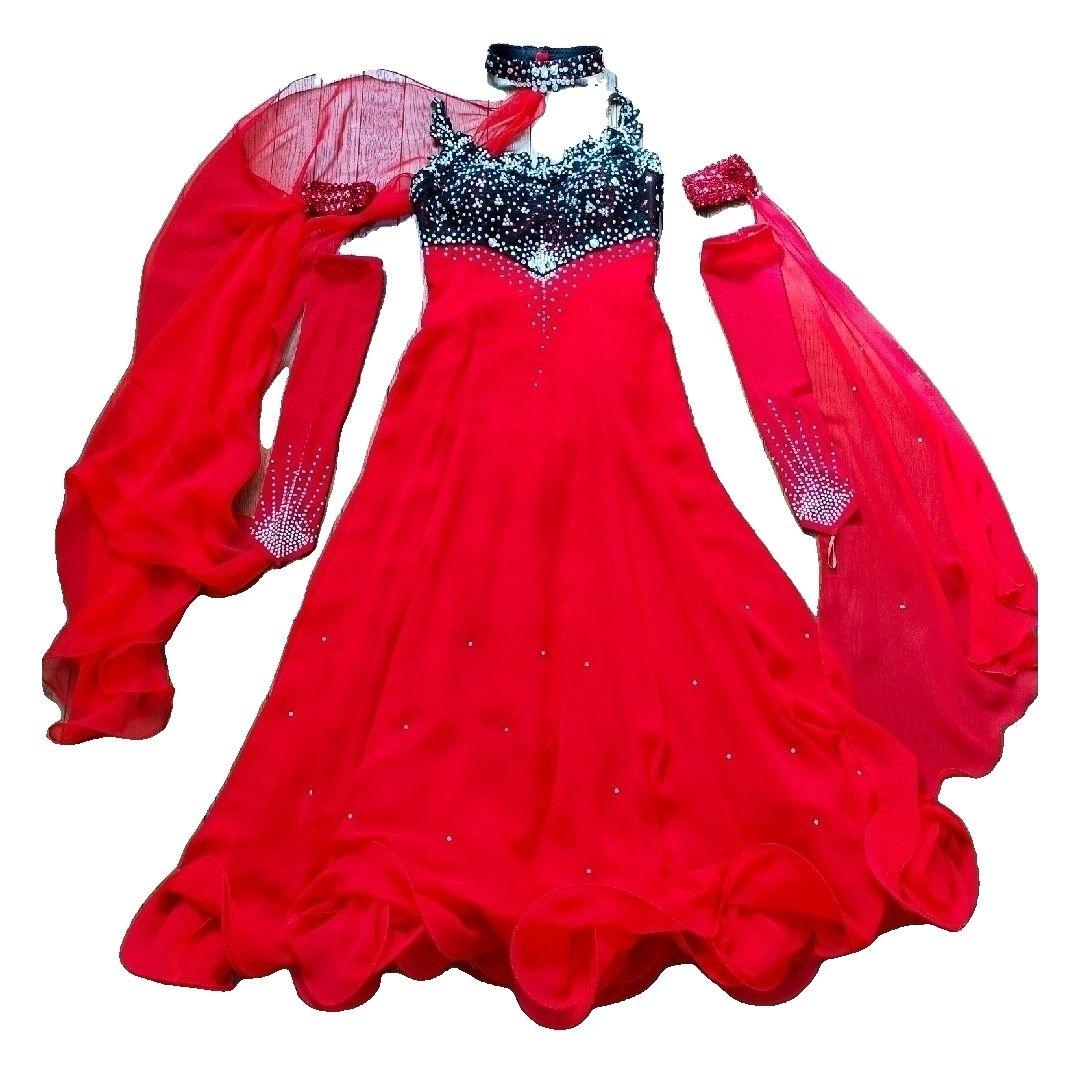社交ダンススタンダードドレスセット　ブラック＆レッド