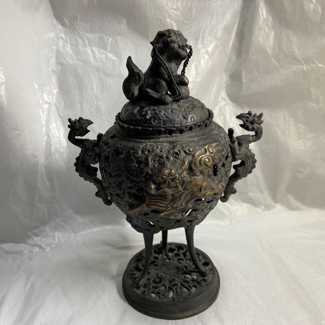 高岡銅器 金属工芸 三足 唐獅子香炉 仏教 透かし彫り 仏具 香道具