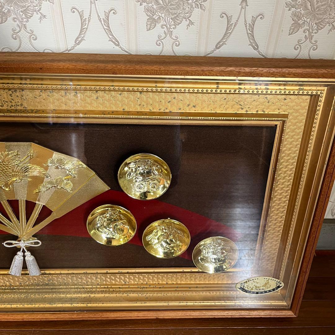 【アンティーク】昭和レトロ 額装 額縁 七福神 扇 金杯 24KGP 壁掛け飾り