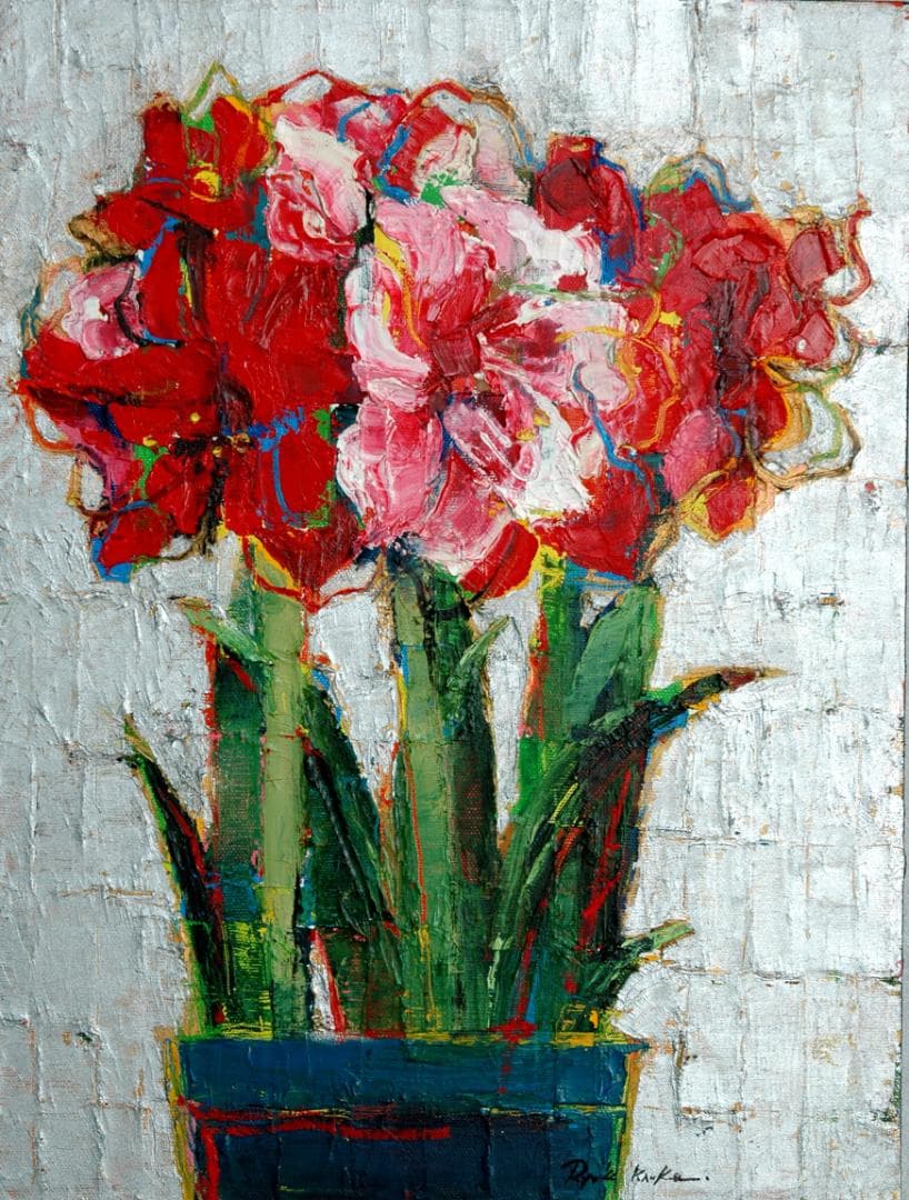 油絵 菅家令子 絵 絵画インテリア額付( 青緑＋金色の枠)uF6-111002花