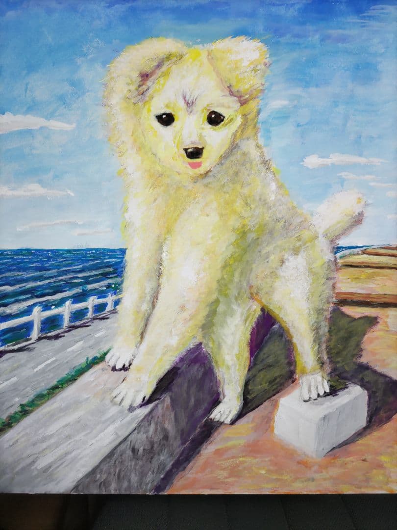 【原画 一点物】子犬と海｜手描きアクリル画 F6｜犬の絵・動物アート