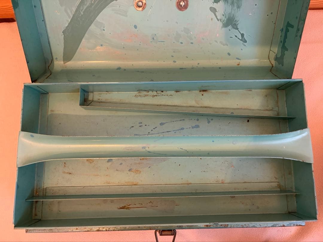 アンティーク　工具箱　ヴィンテージ　金属製　ターコイズブルー