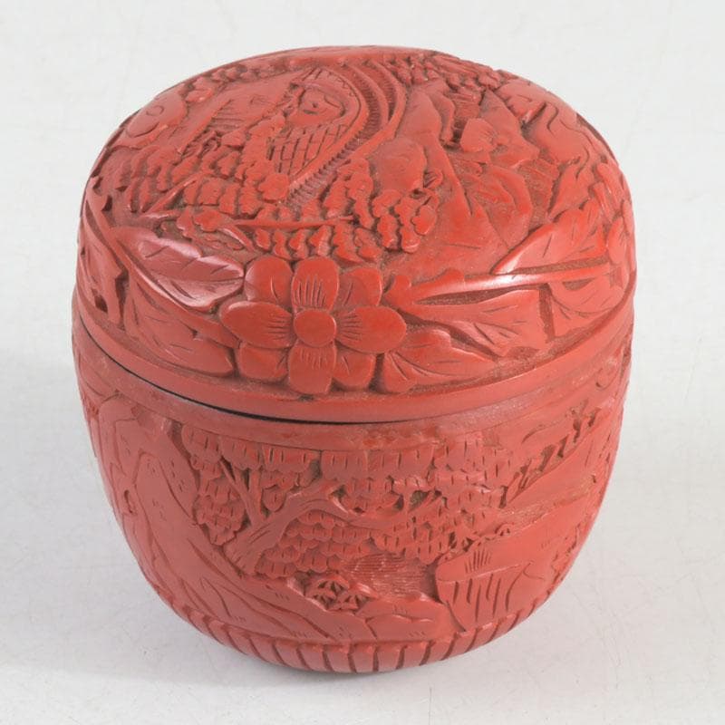 中国　剔紅　堆朱　花草山水刻　棗　時代箱　V　9767