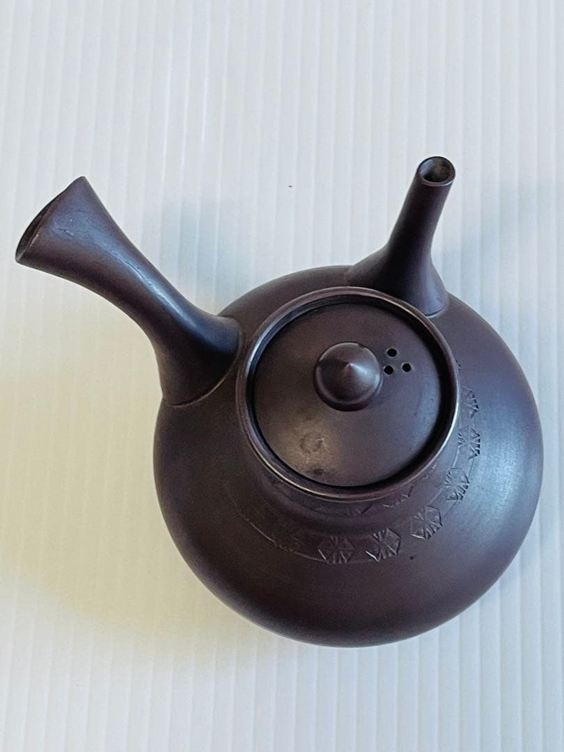 未使用品萬古焼　天王寺印花急須　一休作