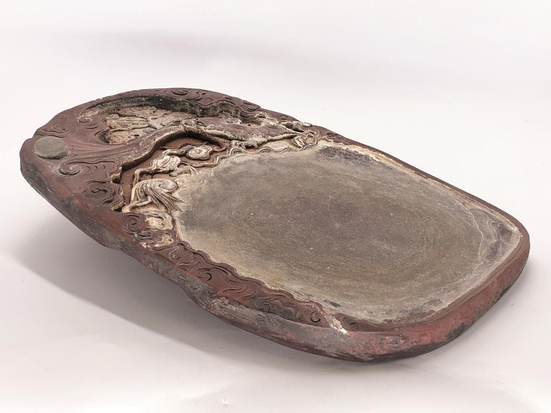 【 蝦頭紅澄泥硯 】　尺三（39.4ｃｍ）　雲龍彫　陰詩刻　中華古玩