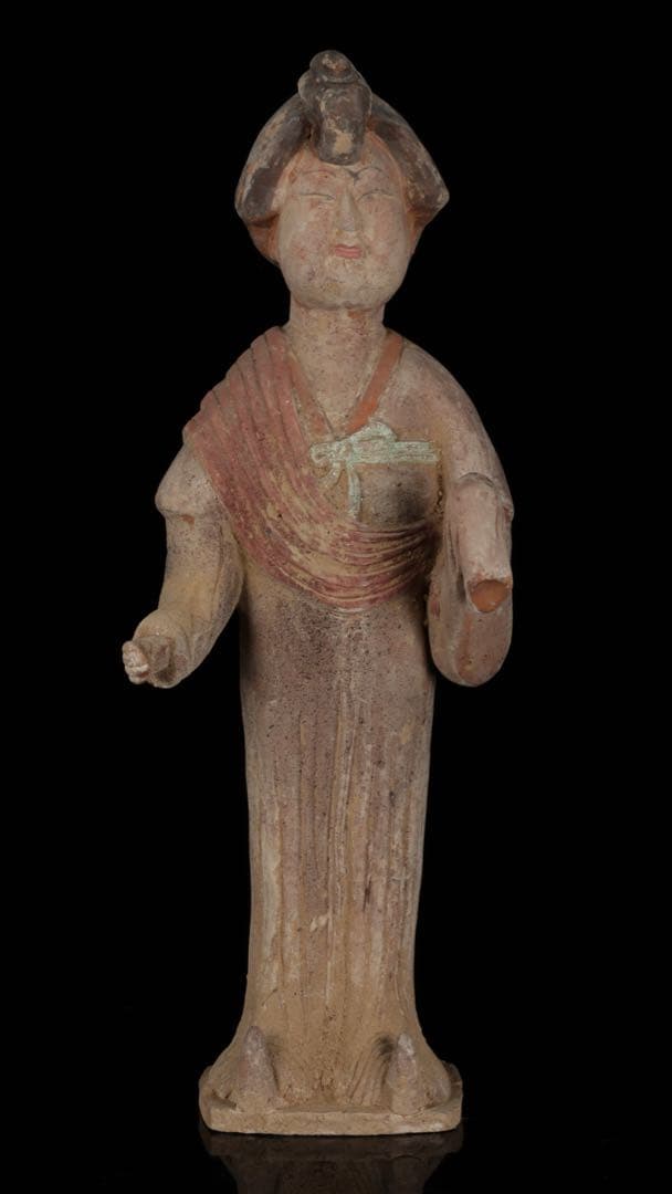 【中国古玩】加彩 婦女俑婦人 俑置物 高さ57㎝ 彩色残存 唐物 古美術 骨董品