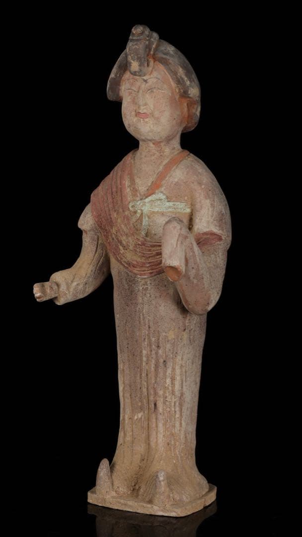 【中国古玩】加彩 婦女俑婦人 俑置物 高さ57㎝ 彩色残存 唐物 古美術 骨董品