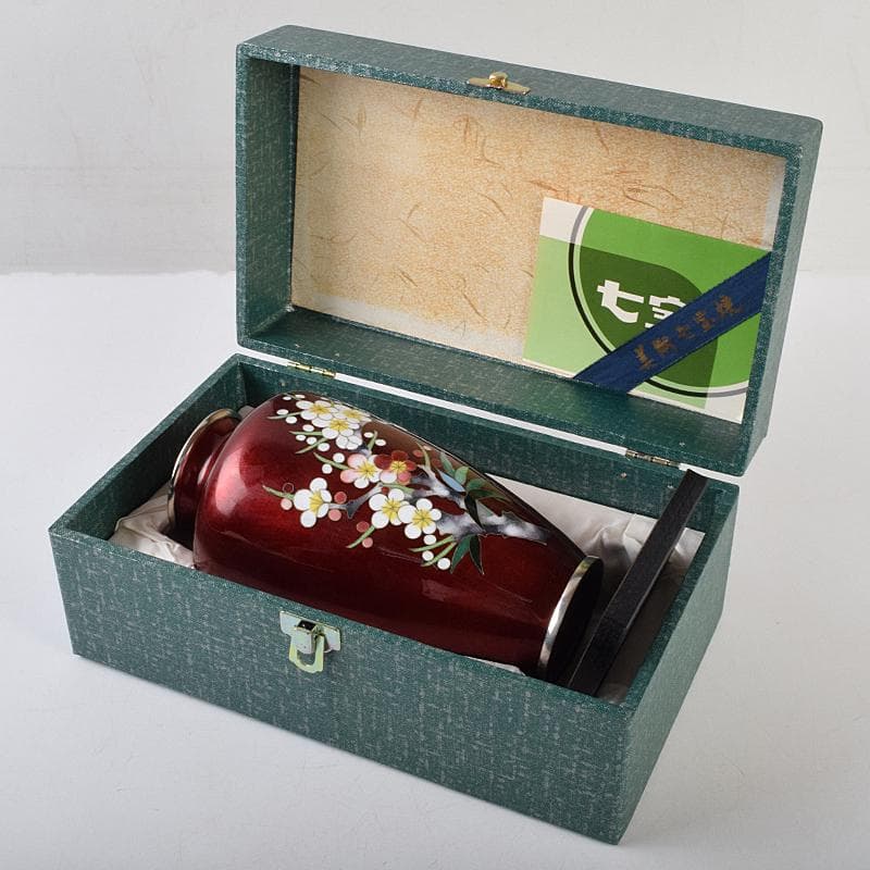 七宝焼　加藤七宝製作所　梅竹文　花瓶　台・箱付　M　R9494