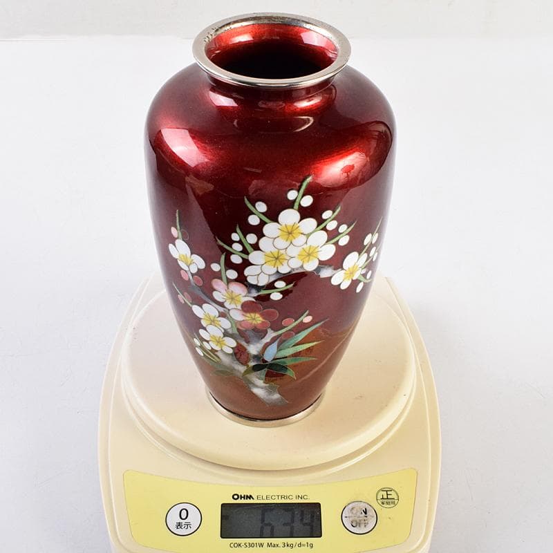 七宝焼　加藤七宝製作所　梅竹文　花瓶　台・箱付　M　R9494