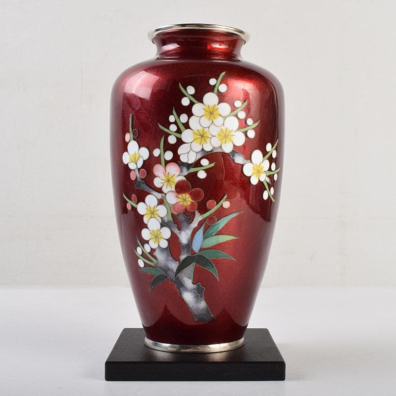 七宝焼　加藤七宝製作所　梅竹文　花瓶　台・箱付　M　R9494