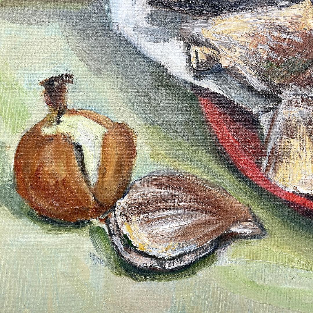 真作保証 河合キヨ子『アンコウのいる静物（不明）』直筆サイン入り 肉筆 油彩画