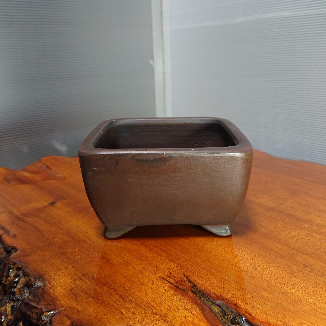 佳山 小型 四角形 陶器製 植木鉢 盆栽鉢 落款 常滑 Bonsai 濃茶色