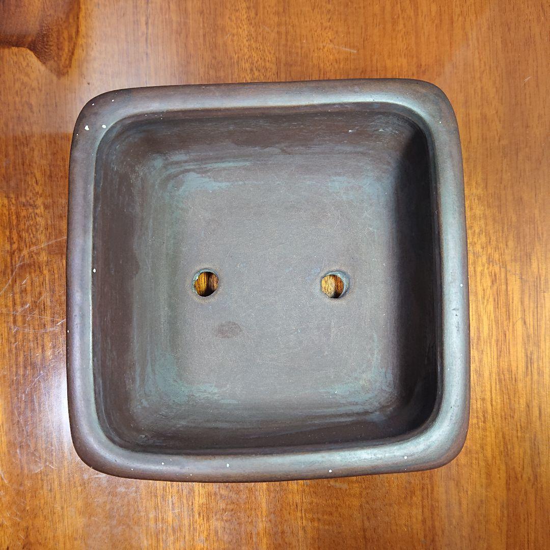 佳山 小型 四角形 陶器製 植木鉢 盆栽鉢 落款 常滑 Bonsai 濃茶色