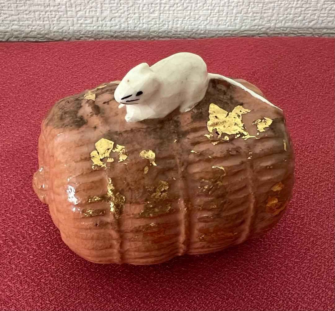 京焼 六代 清水六兵衛 干支 子 置物 俵に鼠 共箱 共布有り 縁起物