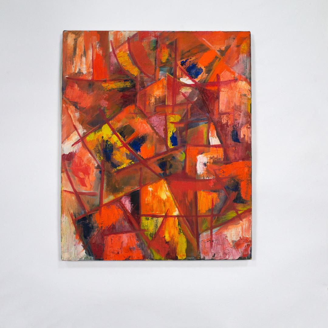 油彩画　赤いキュビズムの少女　ファッションデザイナー新見久志作