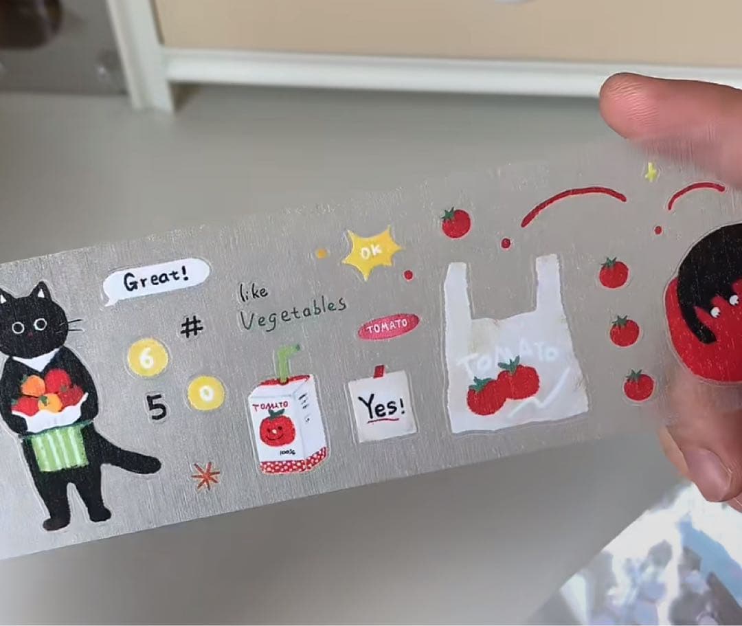 【8472】海外　マステ　5m巻売り　ラメ加工カッティング猫　トマト　野菜