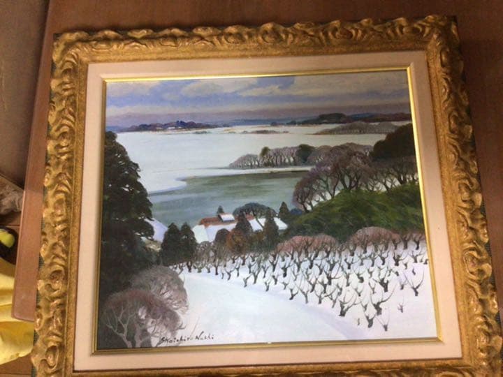 塗師祥一郎　ぬししょういちろう 雪の湖畔　 F10 油彩 額装　箱付　黄布袋