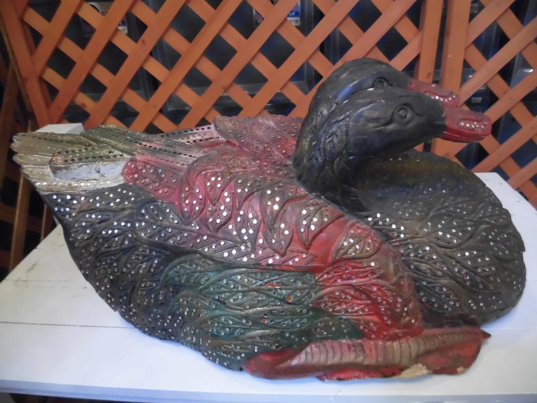 木彫りの三つ頭鴨　三ツ頭鳥　アジアンアート　民芸品　共命鳥　キメラ　14040