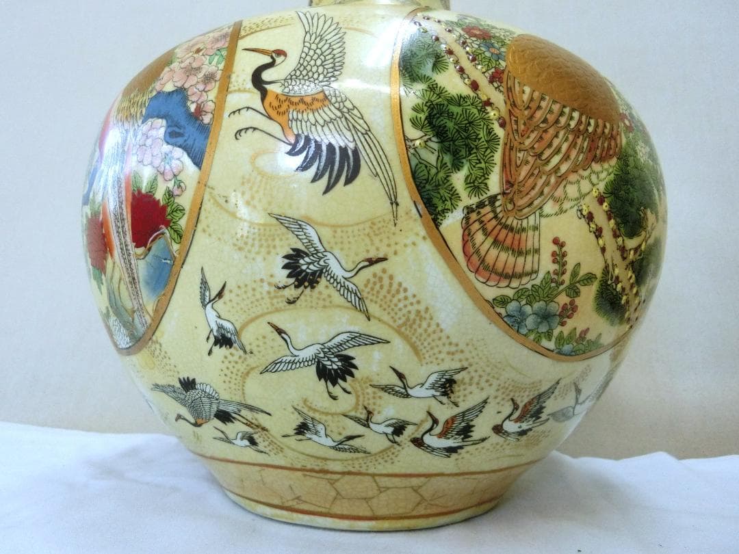 処分価31（土）22時まで【金彩多色色絵花器　首長壺　群鶴丸窓花鳥文・NG・中国