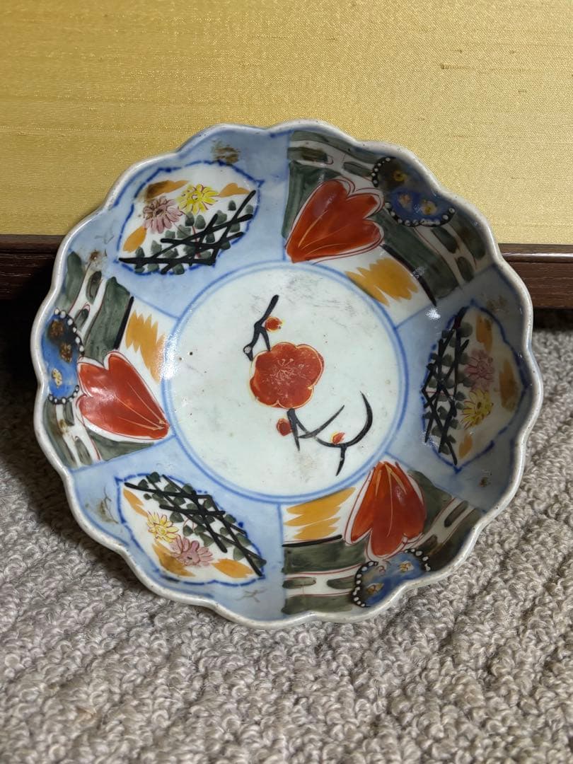 古伊万里 江戸中期〜後期 色絵柘榴文菊花形 草花文 なます皿 手描き 染付 希少