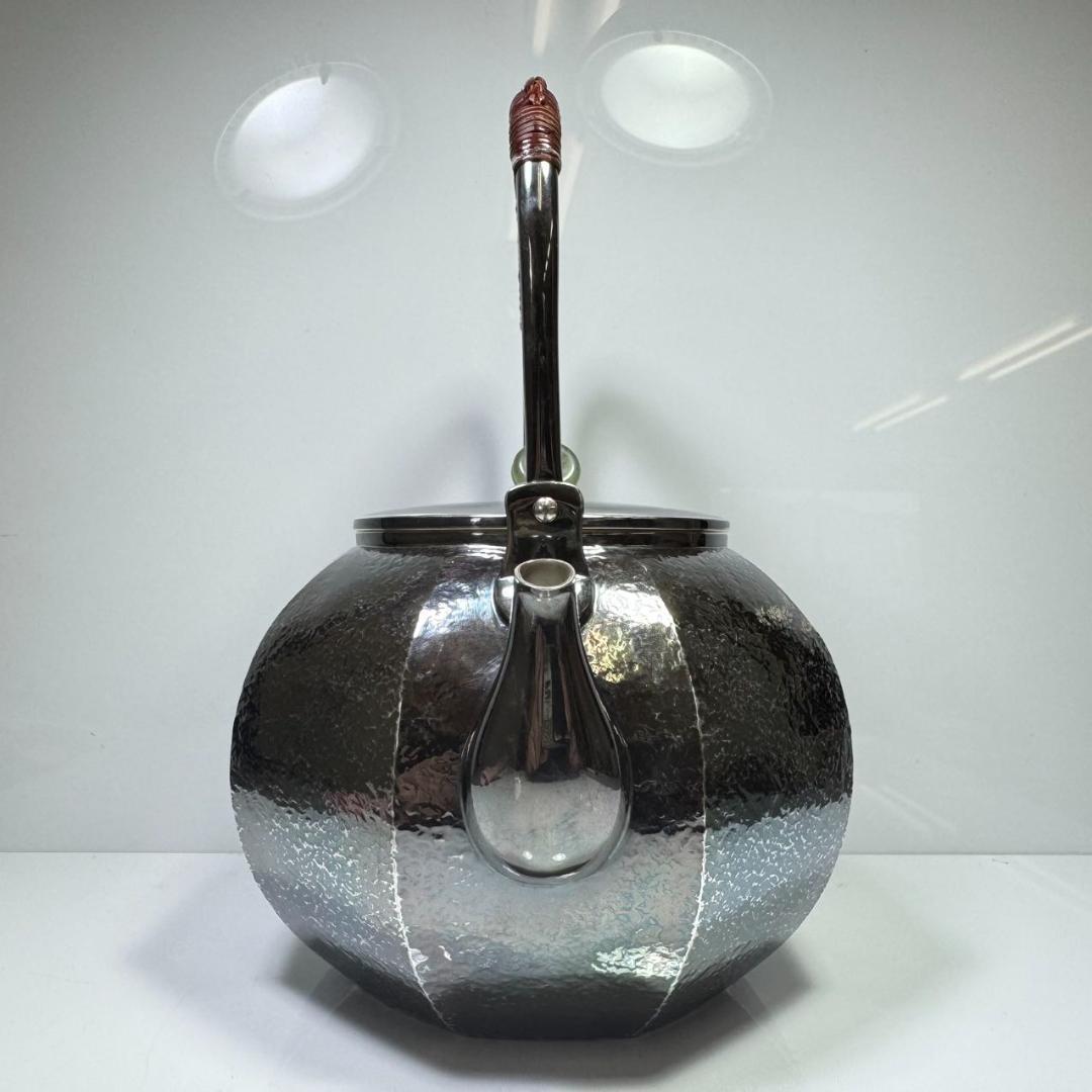 純銀製 槌目岩肌 八面取湯沸 三連環貴石摘 鳴付 煎茶 純銀保証 銀瓶 やかん