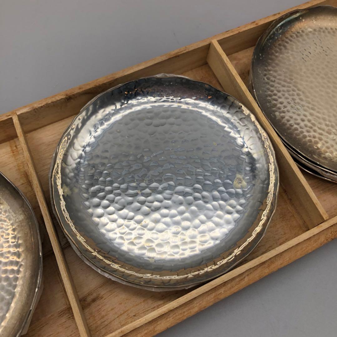 木箱入り槌打ちシルバーハンマード仕上げ小皿茶菓子プレート10cm 銘々皿11枚