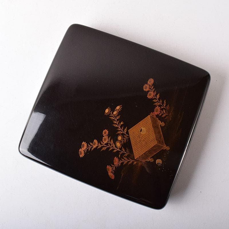 書道具　黒漆　囲碁文　硯箱　水滴・硯・時代箱付　D　R8750