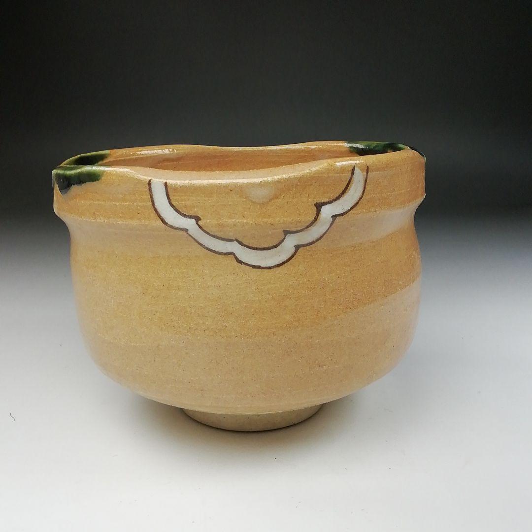 Ｔ６１　茶碗　『赤織部』『波車に千鳥』『菊泉窯　田中源彦造』共箱　抹茶碗　茶道具