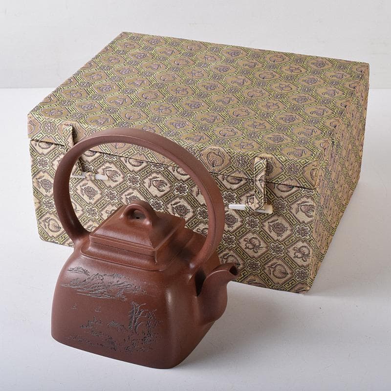 pretty　中国　紫砂朱泥　山水文　四方急須　茶壷　在銘　V　R8216