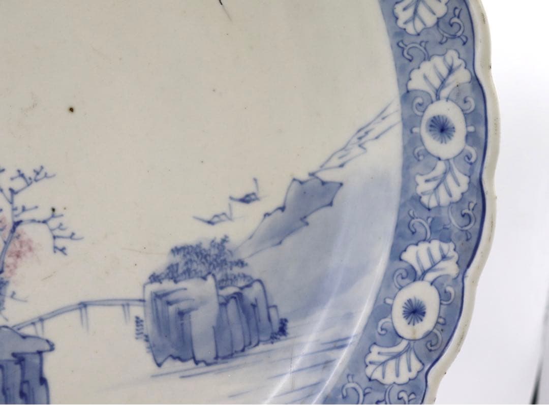 青華釉裏紅　山水紋花口大皿　送料込み0801