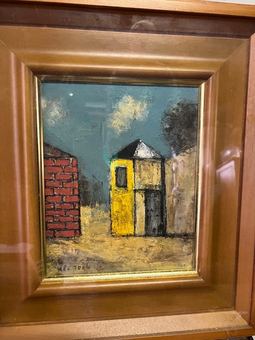 油彩画 黄色と赤の建物