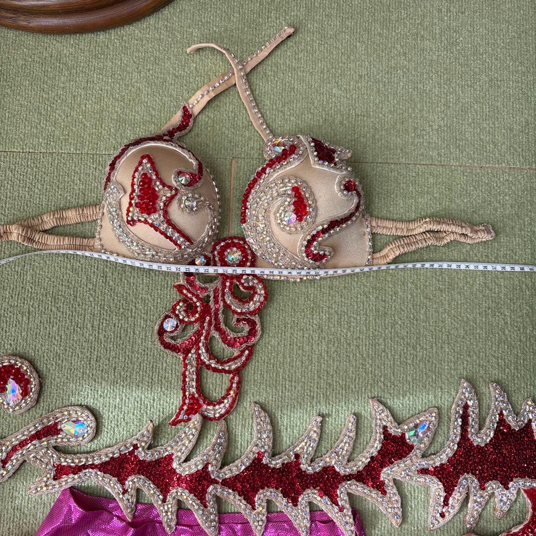 ベリーダンス セットアップ ピンク フリル、ブラとベルト、脚の飾り