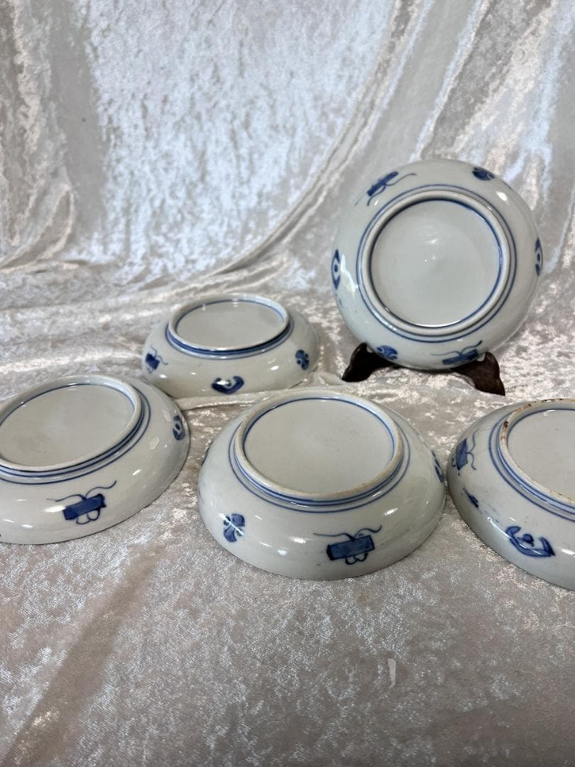 金彩色絵鶴と松竹梅紋皿　伊万里焼　明治　５枚組