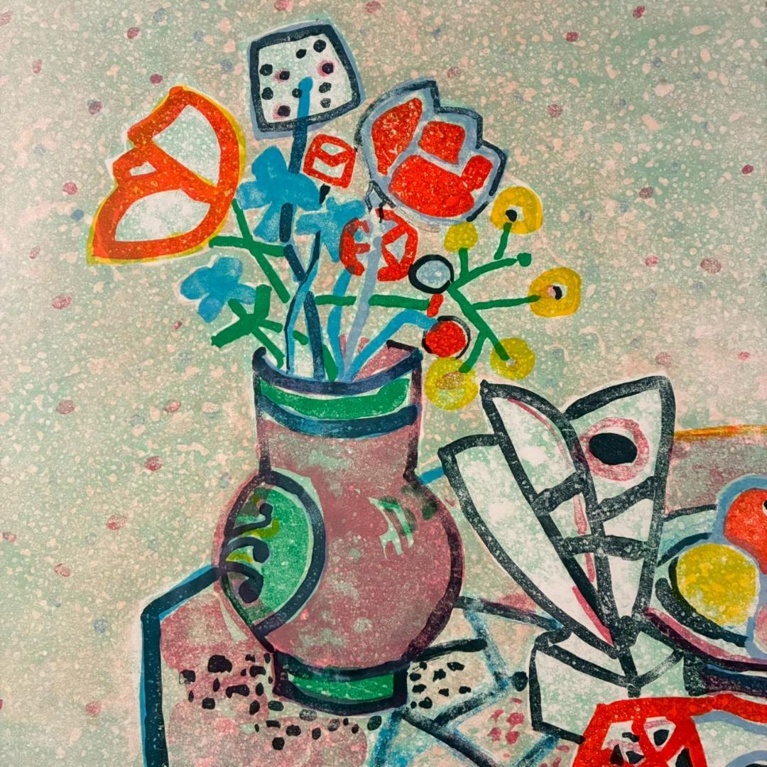 美品 ポール・アイズピリ「テーブルの花と果物」リトグラフ 直筆サイン入 パリ画壇