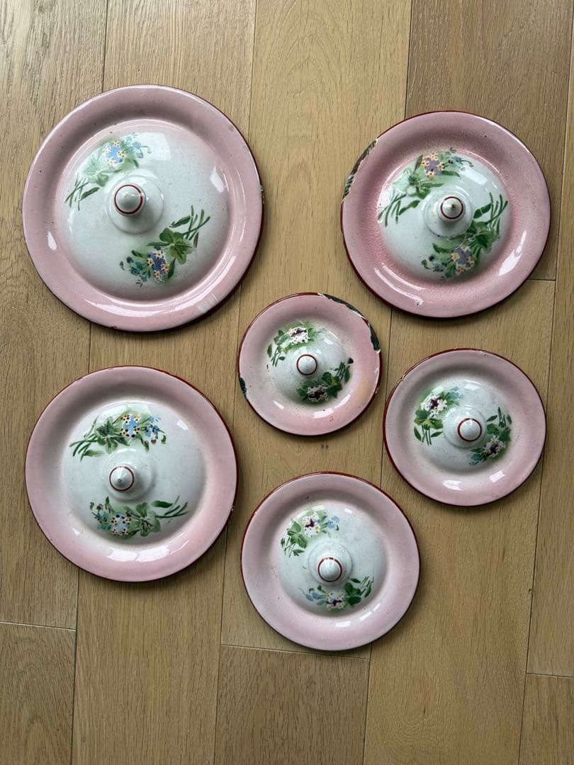 フランスアンティークシャピー社ウエディングセットピンクぼかしホーロー片手鍋蓋のみ