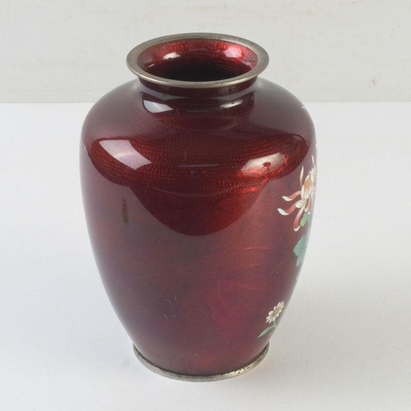 七宝焼　CLOISONNE刻印　赤透四君子文　花瓶　V　9875