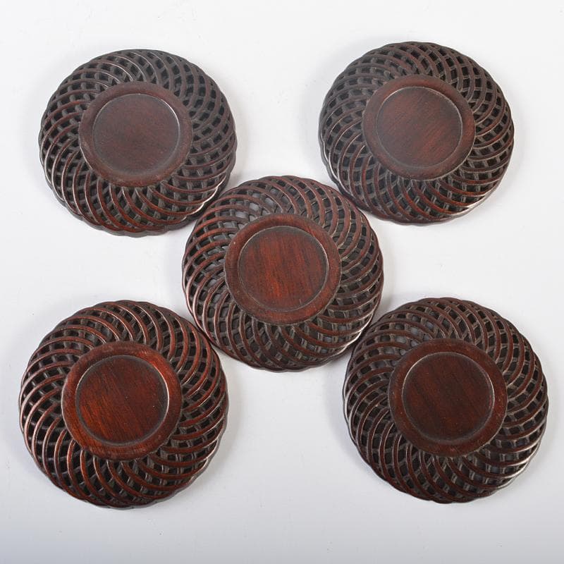 中国　唐木紫檀製　透かし彫り　茶托　五客　V　R6533E