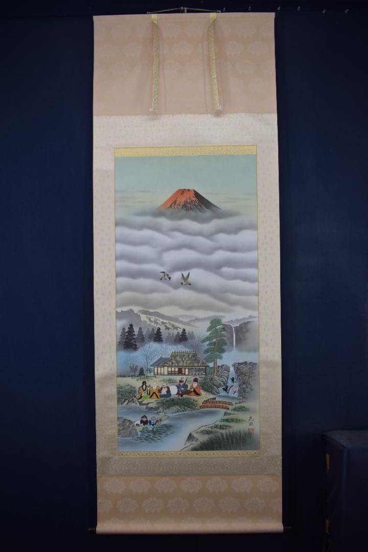 岩嶺/赤富士七福神図/祝事山水人物図/掛軸☆宝船☆Z-609