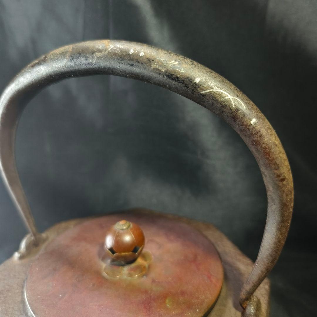 茶道具 南部鉄器 面取り鉄瓶 近江八景文 紫銅蓋 銀象嵌取手 明治骨董 旧家蔵出
