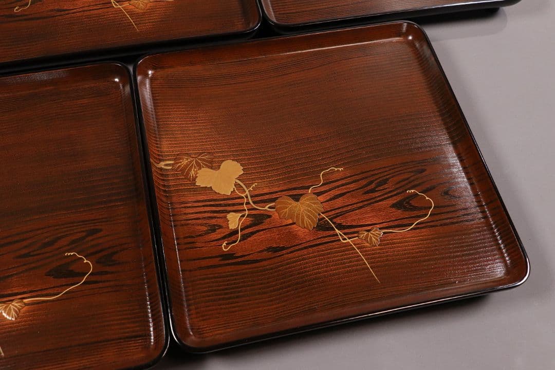 CL76 能登輪島塗 蔦金蒔絵 欅地 木地呂塗 足付四方膳 五客 木製漆器