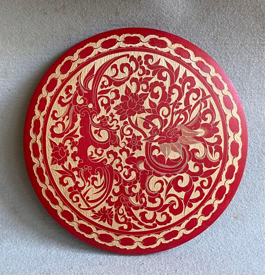 【龍鳳呈祥】龍・鳳凰柄／円盤彫刻★壁掛け・置物