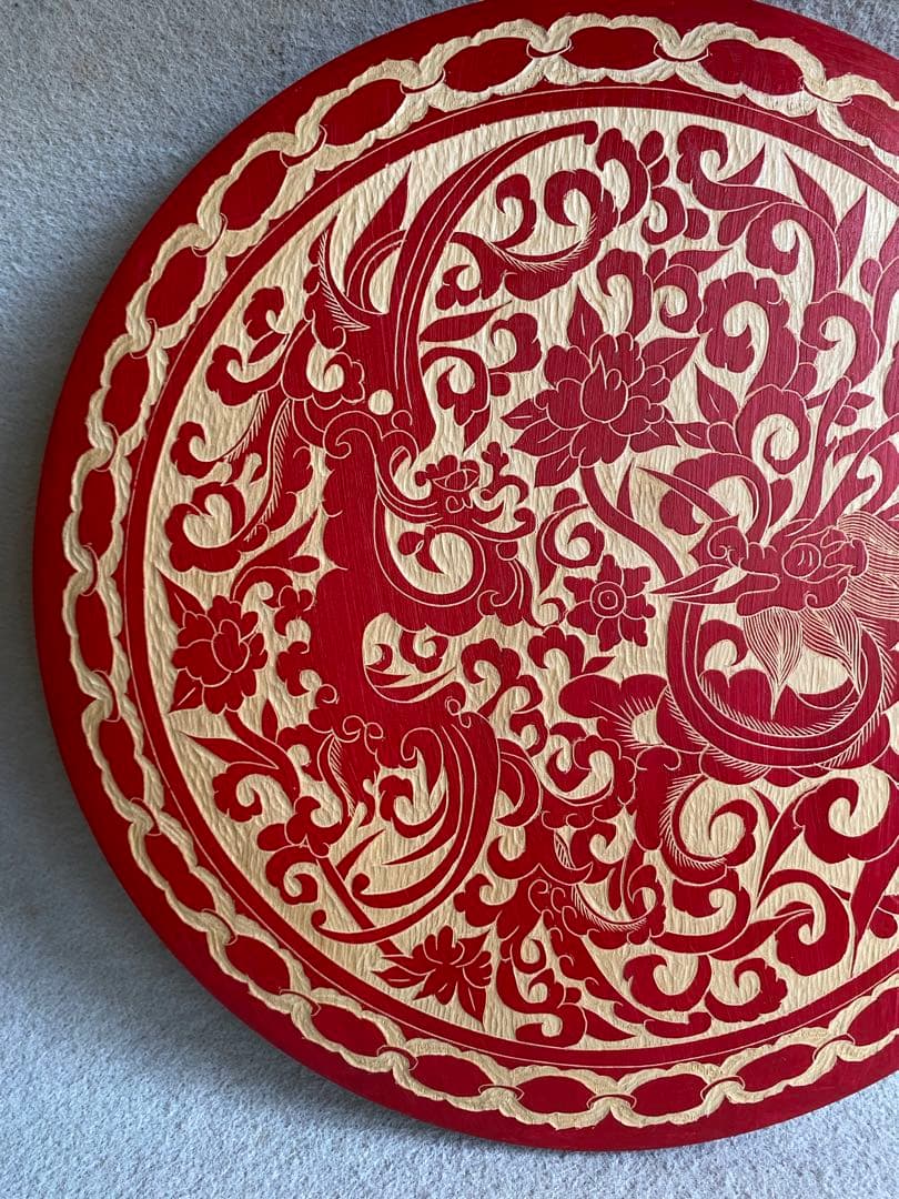 【龍鳳呈祥】龍・鳳凰柄／円盤彫刻★壁掛け・置物