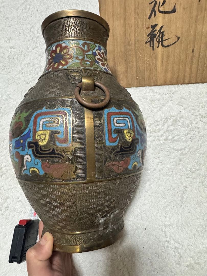 【希少骨董品】 中国 花瓶 壺 美術 古銅 古玩 亀甲文 七宝 双獣耳時代物