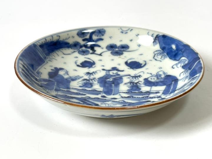 骨董　染付　吉祥文　三仙人図　五寸皿　古染付　青花