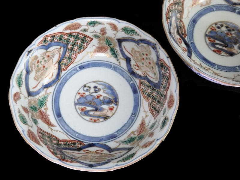 古伊万里　染錦　獅子に七宝紋の図　膾皿　２客　D797AS-fbqy